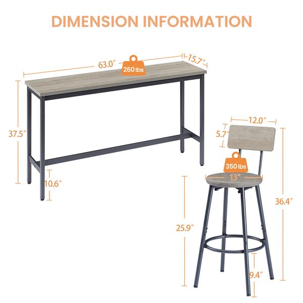 长吧台桌套装，配有 3 个 PU 软垫吧台凳，工业风吧台桌椅，适用于厨房早餐桌、客厅、宴会厅，质朴的灰色和黑色，63 英寸长 x 15.7 英寸宽 x 37.5 英寸高-14