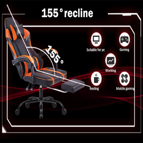 成人电子游戏椅，带脚凳的PU皮革游戏椅，360°旋转可调节腰枕游戏椅，适合重型人群的舒适电脑椅，橙色-10