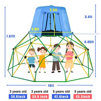 儿童攀爬圆顶带顶篷和游戏垫 - 10 英尺丛林健身房几何游乐场圆顶攀爬游乐中心，防锈防紫外线钢，可承重 1000 磅