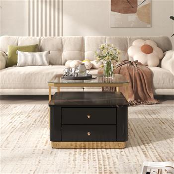 现代 2 件式黑色方形嵌套咖啡桌，带抽屉和镀金桌腿，27.6 英寸