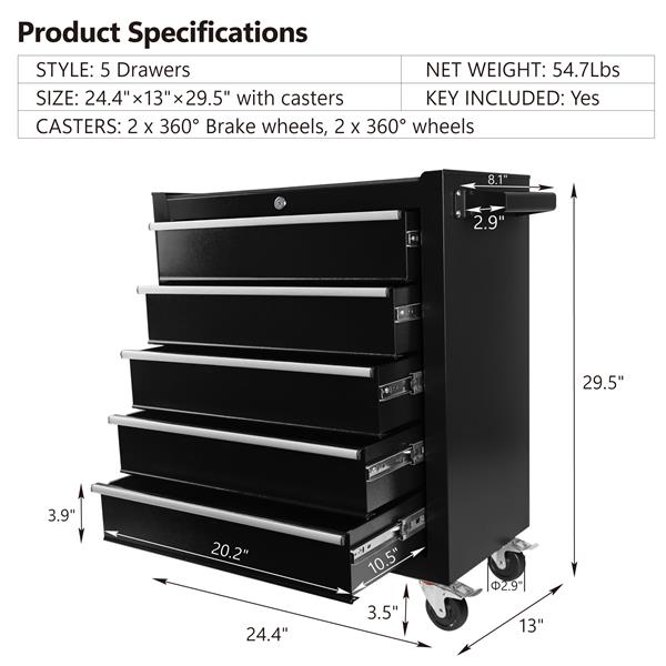 5 抽屉滚动工具柜带轮子，工具存储柜和工具箱整理器，适用于车库仓库车间，黑色-1