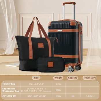 硬壳行李箱套装 3 件套随身行李箱双旋转轮带 TSA 锁、周末旅行袋、盥洗袋（20 英寸）