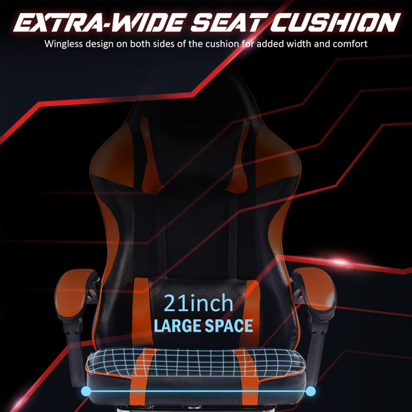 成人电子游戏椅，带脚凳的PU皮革游戏椅，360°旋转可调节腰枕游戏椅，适合重型人群的舒适电脑椅，橙色-7