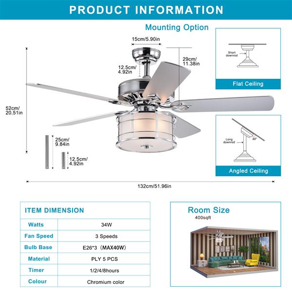 52 英寸 3 灯镀铬鼓形灯罩 LED 吊扇 + 遥控器，传统农舍乡村工业波西米亚乡村小屋过渡式魅力，适用于家庭、厨房、客厅-6