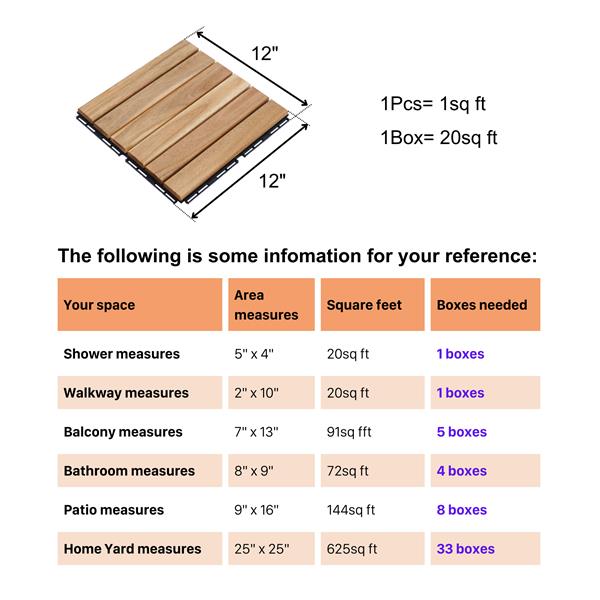 20 件联锁甲板瓷砖条纹图案，12 英寸 x 12 英寸方形黄色相思木硬木户外地板，适用于露台、阳台、泳池边等...-9
