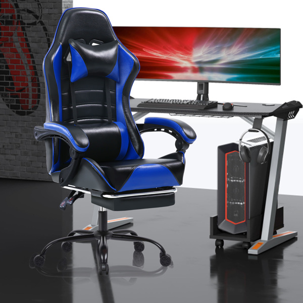 带脚踏的电脑游戏椅，符合人体工学的成人游戏电脑椅，PU 皮革办公椅，可调节桌椅，带轮子，360° 旋转大高个游戏椅，蓝色-8