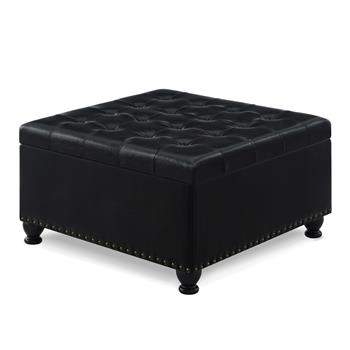 大型方形储物凳，带木腿，带软垫纽扣簇绒咖啡桌，带指甲装饰，适用于生活空间，黑色