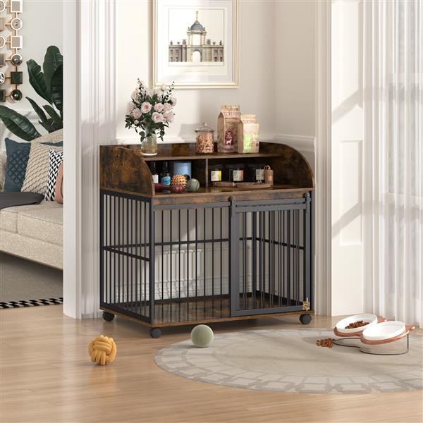 38'' Heavy Duty Dog Crate Furniture for Medium Dogs with Lockable Wheels, Wooden Dog Crate, Kennel, Side Table Cage with Double Storage, Brown - 27