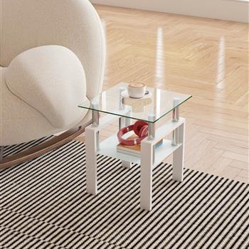 1 件现代钢化玻璃茶桌咖啡桌边桌，客厅方形桌子，透明/白色