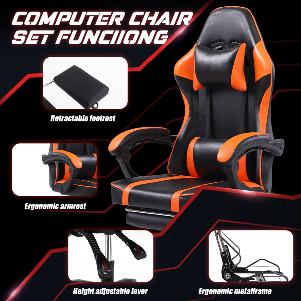 成人电子游戏椅，带脚凳的PU皮革游戏椅，360°旋转可调节腰枕游戏椅，适合重型人群的舒适电脑椅，橙色-6