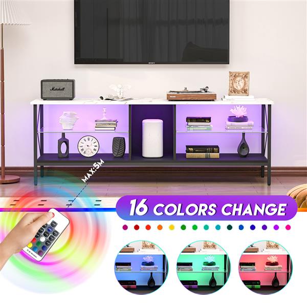 TV stand,Iron TV cabinet,entertainment center, TV set, media console, with LED lights, remote control,toughened glass stand,can be placed in the living room, bedroom, color:white with marble texture-3