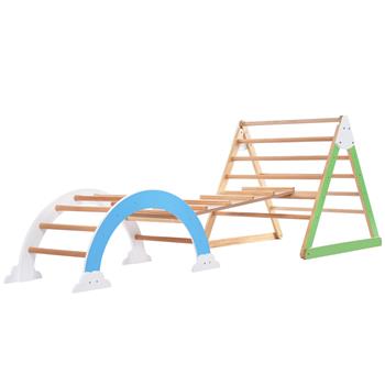 木制攀爬三角玩具 - 室内弧形攀爬丛林带坡道和拱形玩具摇杆，可逆多功能玩具套装天然木材游乐场