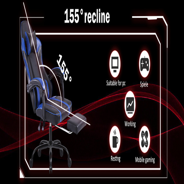 成人电子游戏椅，带脚凳的PU皮革游戏椅，360°旋转可调节腰枕游戏椅，适合重型人群的舒适电脑椅，蓝色-11