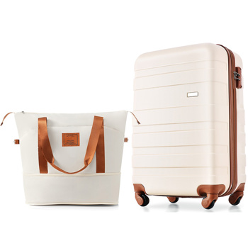 20 英寸随身行李箱，带可扩展旅行包套装，ABS 硬壳两件套行李箱套装，象牙色和棕色