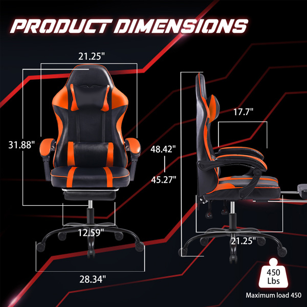 成人电子游戏椅，带脚凳的PU皮革游戏椅，360°旋转可调节腰枕游戏椅，适合重型人群的舒适电脑椅，橙色-4