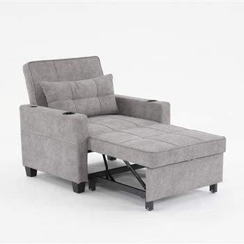 蒲团椅床可转换椅 3 合 1 拉出式卧铺椅床带 USB 端口，耐磨、防刮，客厅扶手椅床卧铺（浅灰色防刮布）