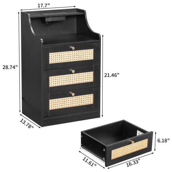 FCH 黑色 刨花板贴三胺 哑金锥形把手 45*35*73cm 编藤三抽带隔层 床头柜 1个无线+2个usb接口+2个美规三插接口-12