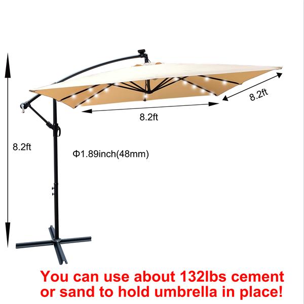 方形 2.5X2.5M 户外露台遮阳伞太阳能 LED 照明遮阳伞市场防水 8 根伞骨带曲柄和十字底座适用于花园甲板后院泳池遮阳户外甲板游泳池-9