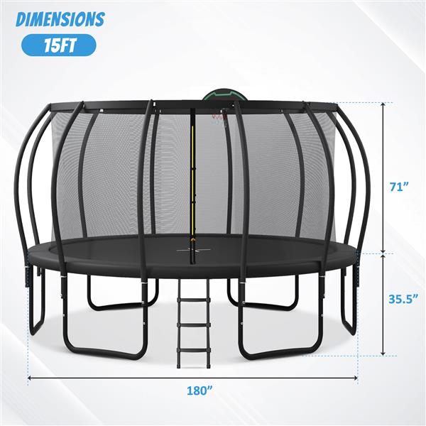 15 英尺儿童蹦床，配有升级版 ArcPole 和复合 TopLoop 安全围栏，外加篮球板和 12 个地桩，户外休闲游戏组合平衡体能训练蹦床-12