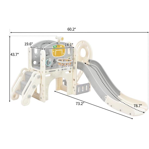 儿童滑梯玩具组合结构，独立式城堡攀爬爬行游戏屋，配有滑梯、拱门隧道、套圈游戏和篮球架，幼儿玩具收纳架，儿童攀爬游乐场-9