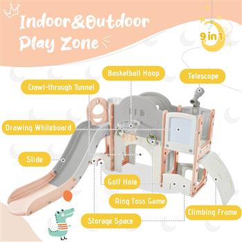 儿童滑梯玩具组合结构 9 合 1，独立式宇宙飞船套装，配有滑梯、拱形隧道、套圈游戏、绘画白板和篮球架，适合幼儿、儿童攀爬游乐场