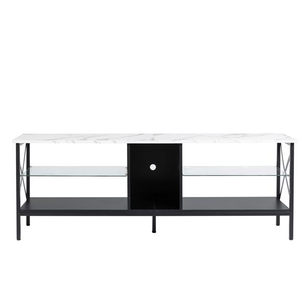 TV stand,Iron TV cabinet,entertainment center, TV set, media console, with LED lights, remote control,toughened glass stand,can be placed in the living room, bedroom, color:white with marble texture-7