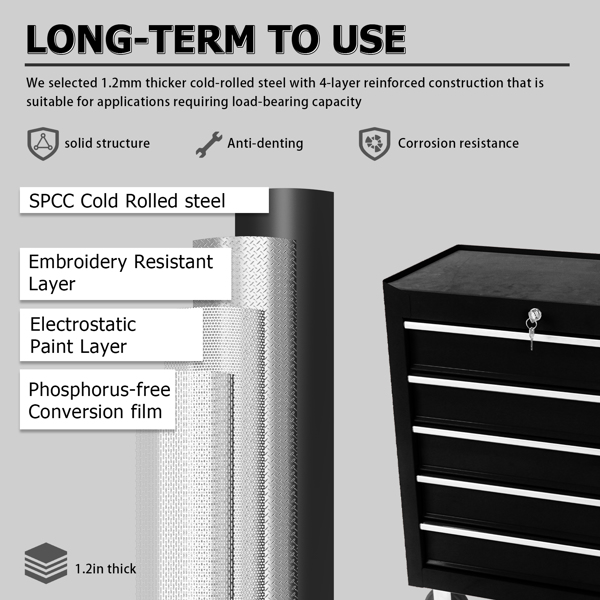 5 抽屉滚动工具箱，带轮子的便携式收纳工具箱，适用于车库、仓库、车间、维修店的工具箱和橱柜（黑色）-7