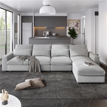 U 型现代大型 L 形羽毛填充组合沙发，可转换沙发床，带可翻转躺椅，适合客厅