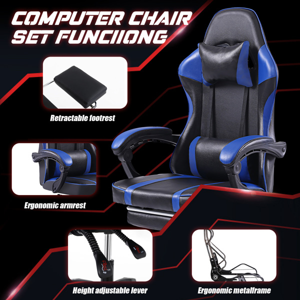 成人电子游戏椅，带脚凳的PU皮革游戏椅，360°旋转可调节腰枕游戏椅，适合重型人群的舒适电脑椅，蓝色-5