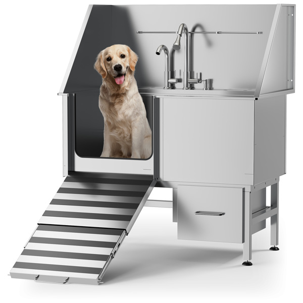 专业不锈钢洗狗台-带坡道、储物抽屉、地栅和水龙头的洗狗盆/大、中、小宠物用洗狗盆-家用洗狗台（50''）-2
