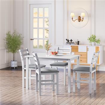 5 件套时尚餐桌套装 4 把软垫椅子 带梯子靠背设计 适用于餐厅厨房 灰色靠垫 白色