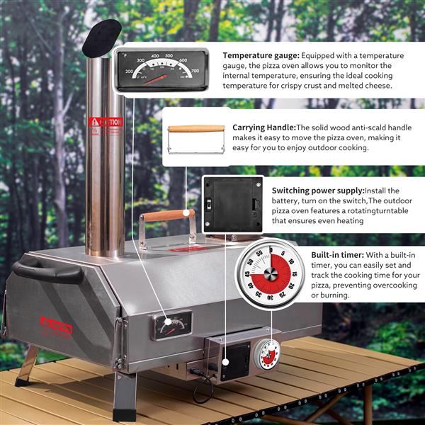 不锈钢披萨烤箱户外 12 英寸自动旋转披萨烤箱，便携式燃木披萨烤箱披萨制作机，带计时器、内置温度计、披萨切刀和手提袋-4