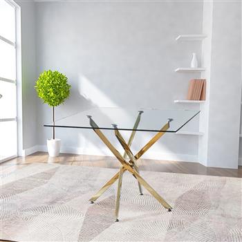 现代方形透明钢化玻璃餐桌，配金色饰面不锈钢桌腿