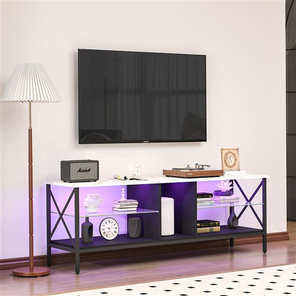 TV stand,Iron TV cabinet,entertainment center, TV set, media console, with LED lights, remote control,toughened glass stand,can be placed in the living room, bedroom, color:white with marble texture-1