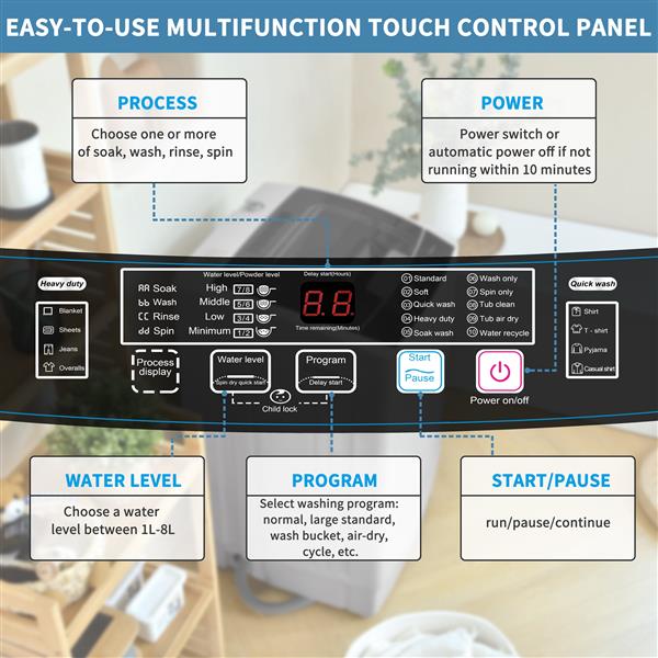 紧凑型家用自动洗衣机，最大洗衣容量 2.3 立方英尺，8 个水位/10 个程序，适用于公寓、大学宿舍、房车、露营地和其他空间有限的地方-7