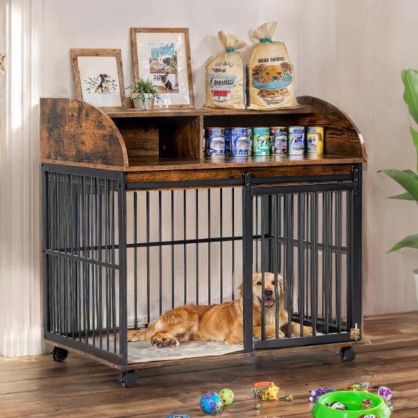 38'' Heavy Duty Dog Crate Furniture for Medium Dogs with Lockable Wheels, Wooden Dog Crate, Kennel, Side Table Cage with Double Storage, Brown - 31