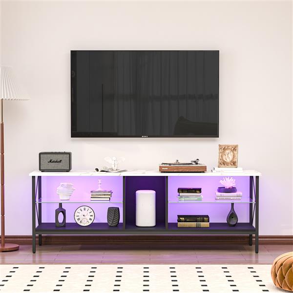 TV stand,Iron TV cabinet,entertainment center, TV set, media console, with LED lights, remote control,toughened glass stand,can be placed in the living room, bedroom, color:white with marble texture-2