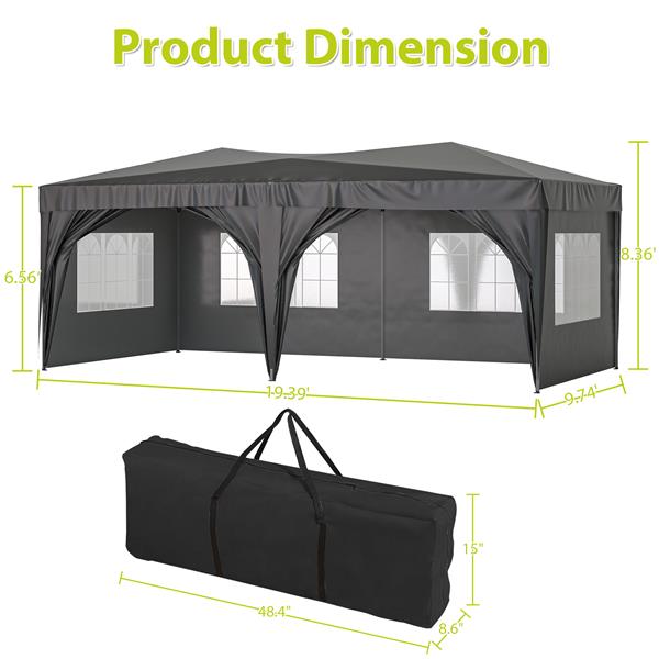 10'x20'弹出式遮阳篷户外便携式派对折叠帐篷，带 6 个可拆卸侧壁 + 便携包 + 6 个配重袋 米色黑色-6