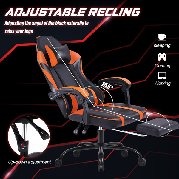 成人电子游戏椅，带脚凳的PU皮革游戏椅，360°旋转可调节腰枕游戏椅，适合重型人群的舒适电脑椅，橙色-2