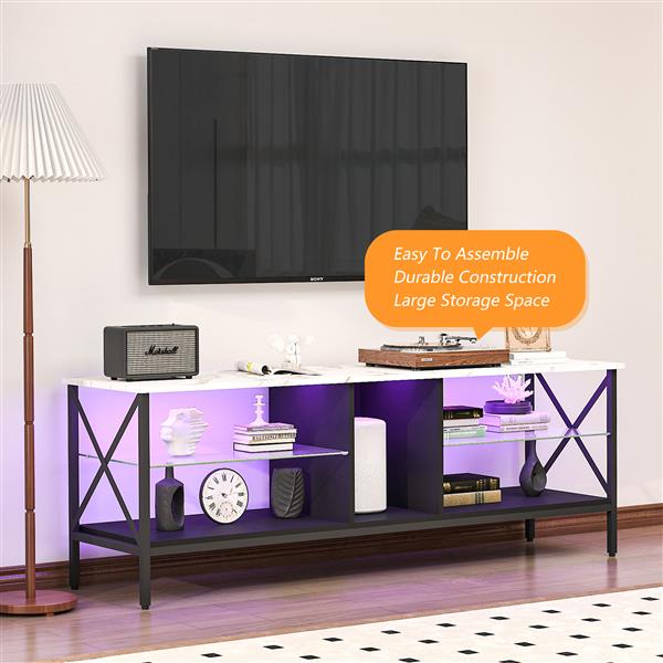 TV stand,Iron TV cabinet,entertainment center, TV set, media console, with LED lights, remote control,toughened glass stand,can be placed in the living room, bedroom, color:white with marble texture-5