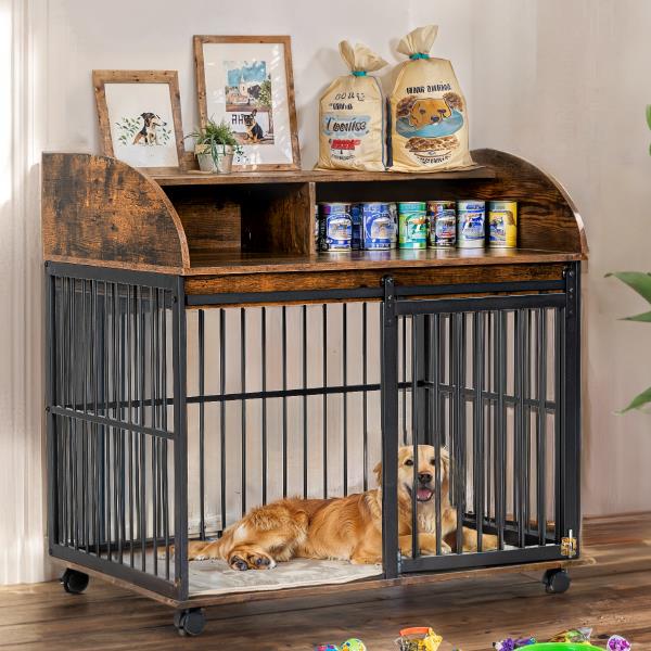 38'' Heavy Duty Dog Cage Furniture for Medium Dogs with Lockable Wheels, Wooden Dog Crate, Kennel, Side Table Cage with Double Storage, Brown - 29