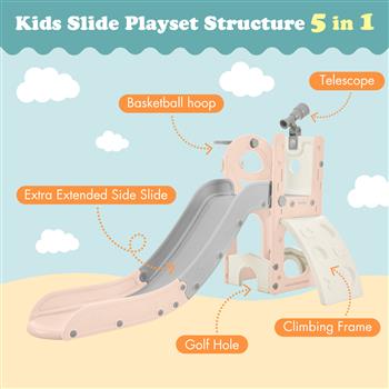 儿童滑梯玩具组合结构 5 合 1，独立式宇宙飞船套装，配有滑梯、望远镜和篮球架、幼儿高尔夫球洞、儿童攀爬游乐场