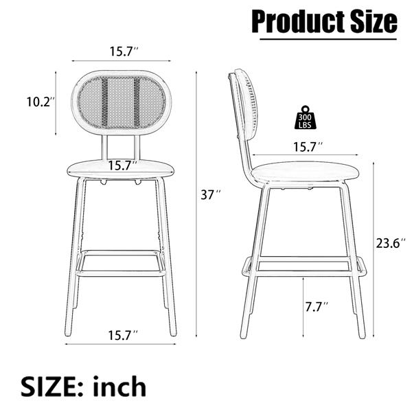 藤条吧台凳，室内皮革吧台凳 4 件套，带金属腿和藤条靠背的柜台高度吧台凳，厨房岛无扶手餐厅椅子-8