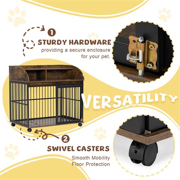 38'' Heavy Duty Dog Crate Furniture for Medium Dogs with Lockable Wheels, Wooden Dog Crate, Kennel, Side Table Cage with Double Storage, Brown - 37