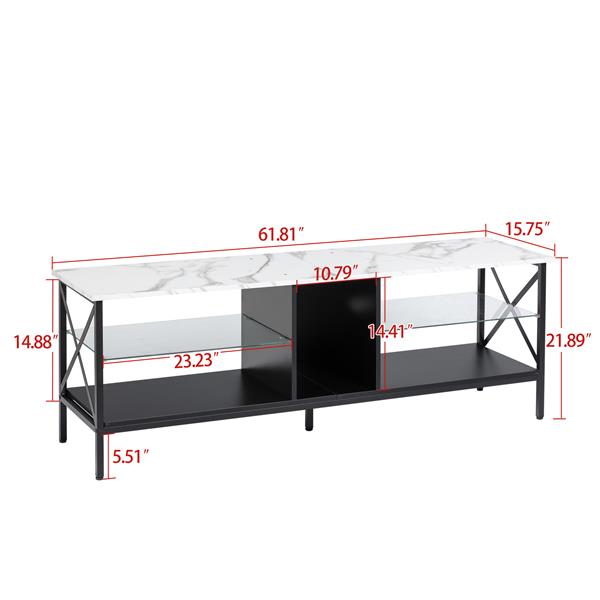 TV stand,Iron TV cabinet,entertainment center, TV set, media console, with LED lights, remote control,toughened glass stand,can be placed in the living room, bedroom, color:white with marble texture-6