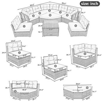 露台家具套装户外家具沙发床藤制组合家具套装露台座椅组，配有靠垫和中心桌，适用于露台、草坪、后院、泳池，灰色