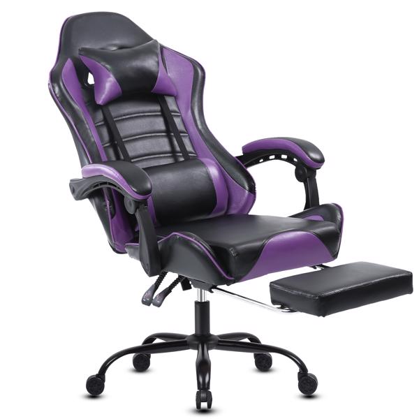 带脚踏的电脑游戏椅，符合人体工学的成人游戏电脑椅，PU 皮革办公椅，可调节桌椅，带轮子，360° 旋转大高个游戏椅，紫色-2