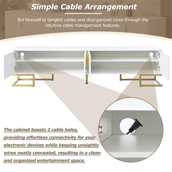时尚现代电视柜，带金属支腿和金色手柄，适用于最大 80 英寸的电视，带橱柜和可调节搁板的媒体控制台桌，带几何线条的奢华电视柜，适用于客厅，白色-15