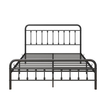 金属床架大号床平台无需弹簧床垫，配有复古床头板和床尾板优质钢板条支撑/黑色