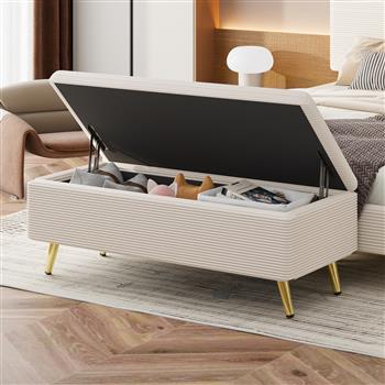 现代灯芯绒软垫脚凳，带金属腿，储物凳，适用于卧室、客厅，米色
